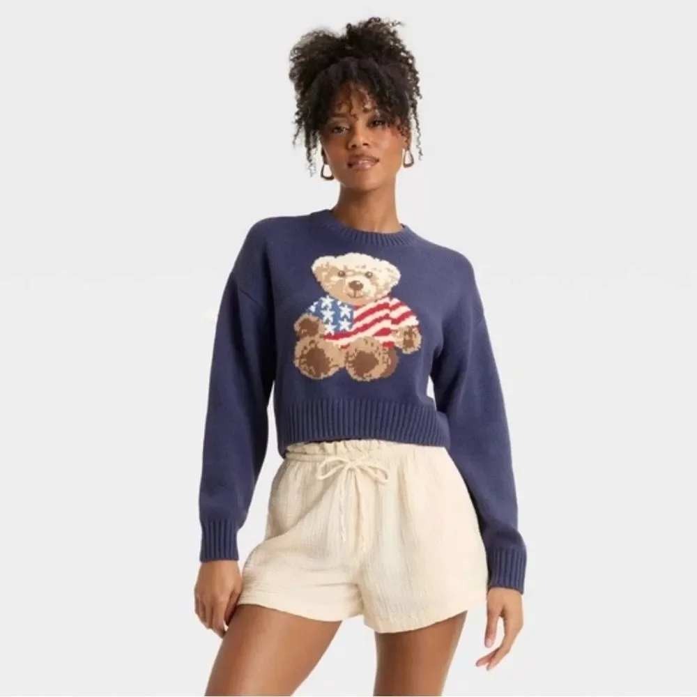 Grayson Threads American Flag Teddy Bear Sweater L Blue Fourth of July‎ Preppy